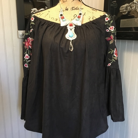 Faux Suede Embroidered Off Shoulder Tunic - Picture 5 of 8